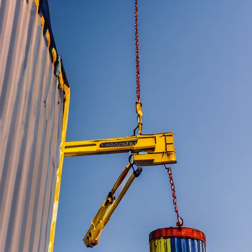 Image similar to high quality, digital photography of a crane lifting a container, shot from the ground, looking up, close shot, clear sky