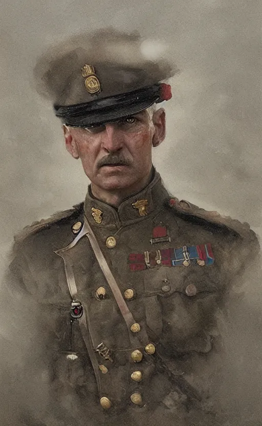 Prompt: official portrait of a British general WWI, detailed face, 20th century, highly detailed, cinematic lighting, digital art painting by greg rutkowski