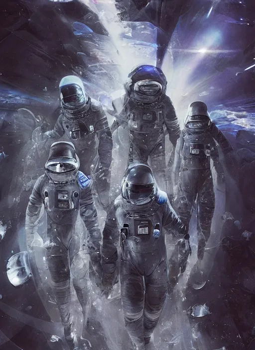 Image similar to astronauts in dark and empty void underwater - complex and hyperdetailed technical suit. reflection and dispersion materials. rays and dispersion of light. volumetric light. 5 0 mm, f / 3 2. noise film photo. flash photography. ultra realistic, wide angle. poster by wayne barlowe, hajime sorayama aaron horkey, craig mullins