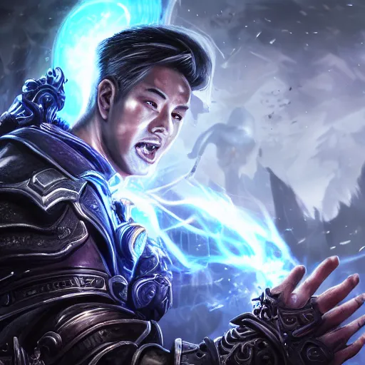 Prompt: portrait asian geert wilders as a spellcaster, league of legends amazing splashscreen artwork, gears of war, propaganda, sovjet, splash art, natural light, elegant, photorealistic facial features, intricate, fantasy, detailed face, atmospheric lighting, anamorphic lens flare, cinematic lighting, league of legends splash art, hd wallpaper, ultra high details by greg rutkowski