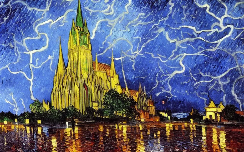 Image similar to atmospheric detailed expressionist oil painting of lightning storm over a tall gothic church, landscape painting, expressionism, blues, dramatic lighting, 8 k resolution detailed art, small brushstrokes, watercolor palette, painted by vincent van gogh