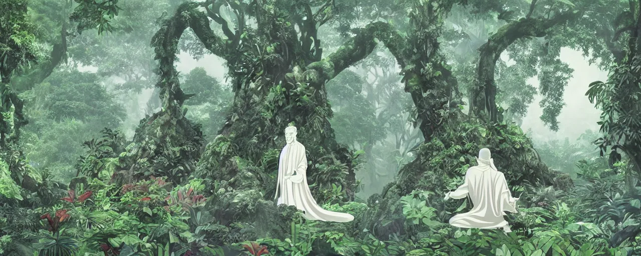 Prompt: massive asian stone temple overgrown with vegetation, striking composition, huge scale, deep jungle, huge ficus macrophylla, gentle mists, subtle color variations, highly detailed, a white robed benevolent magician clothed in a royal garment in contemplation meditating upon God, by Eyvind Earle and Mary Blair
