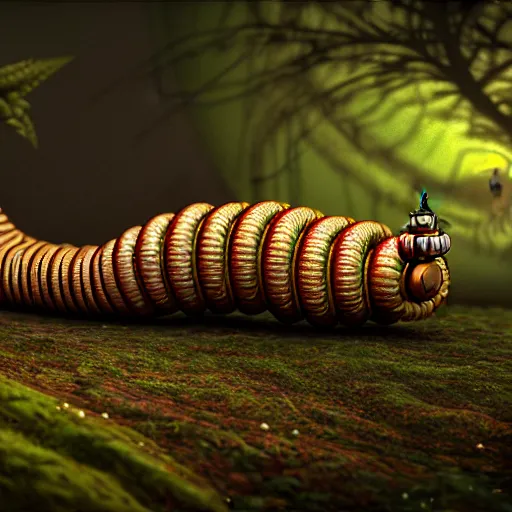 Prompt: Colour Caravaggio style photography of steampunk caterpillar in the forest, higly detailed caterpillar designed by Josan Gonzalez, many details, In style of Josan Gonzalez and Mike Winkelmann andgreg rutkowski and alphonse muchaand Caspar David Friedrich and Stephen Hickman and James Gurney and Hiromasa Ogura. Rendered in Blender, volumetric natural light