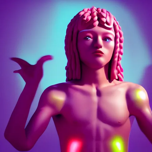 Image similar to candypunk jesus, character design, high quality digital art, render, octane, redshift, volumetric lighting, oled