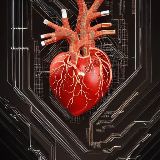 Image similar to a human heart, revealing wires and electronics, arteries, veins, sci - fi, missing panels, intricate abstract upper body intricate artwork, concept art, octane render, deviantart, cinematic, key art, hyperrealism, iridescent accents, portrait photograph, nikon 3 5 mm, photograph by greg rutkowski