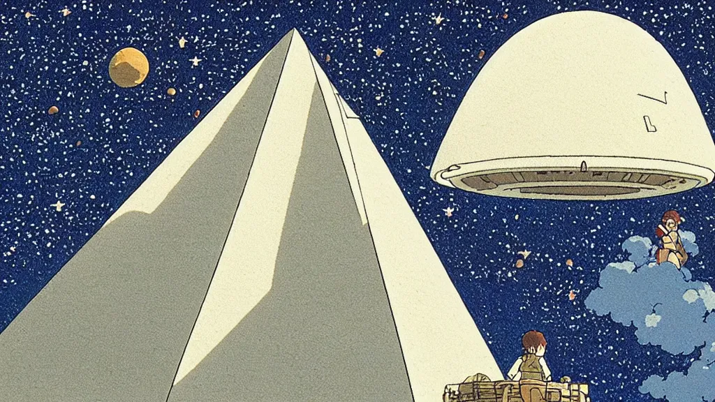 Image similar to a movie still from a studio ghibli film showing a floating large white pyramid, an alien, and a ufo on a misty and starry night. by studio ghibli