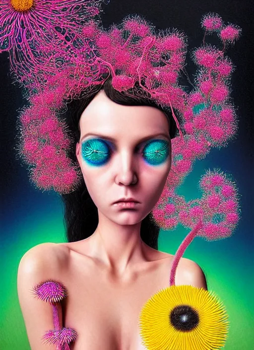 Image similar to hyper detailed 3d render like a Oil painting - Ramona Flowers with wavy black hair wearing thick mascara seen out Eating of the Strangling network of colorful yellowcake and aerochrome and milky Fruit around her neck and Her staring intensely delicate Hands hold of gossamer polyp blossoms bring iridescent fungal flowers whose spores black the foolish stars by Jacek Yerka, Mariusz Lewandowski, silly playful fun face, Houdini algorithmic generative render, Abstract brush strokes, Masterpiece, Edward Hopper and James Gilleard, Zdzislaw Beksinski, Mark Ryden, Wolfgang Lettl, Dan Hiller, hints of Yayoi Kasuma, octane render, 8k