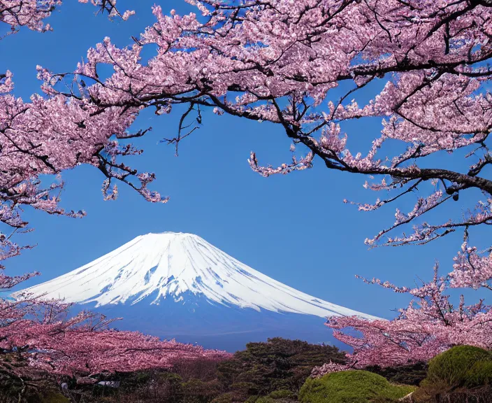 Image similar to 4 k hd, high detail photograph of mount fuji, spring, shot with sigma f / 4. 2, 2 5 0 mm sharp lens, wide shot, consistent, volumetric lighting, high level texture render