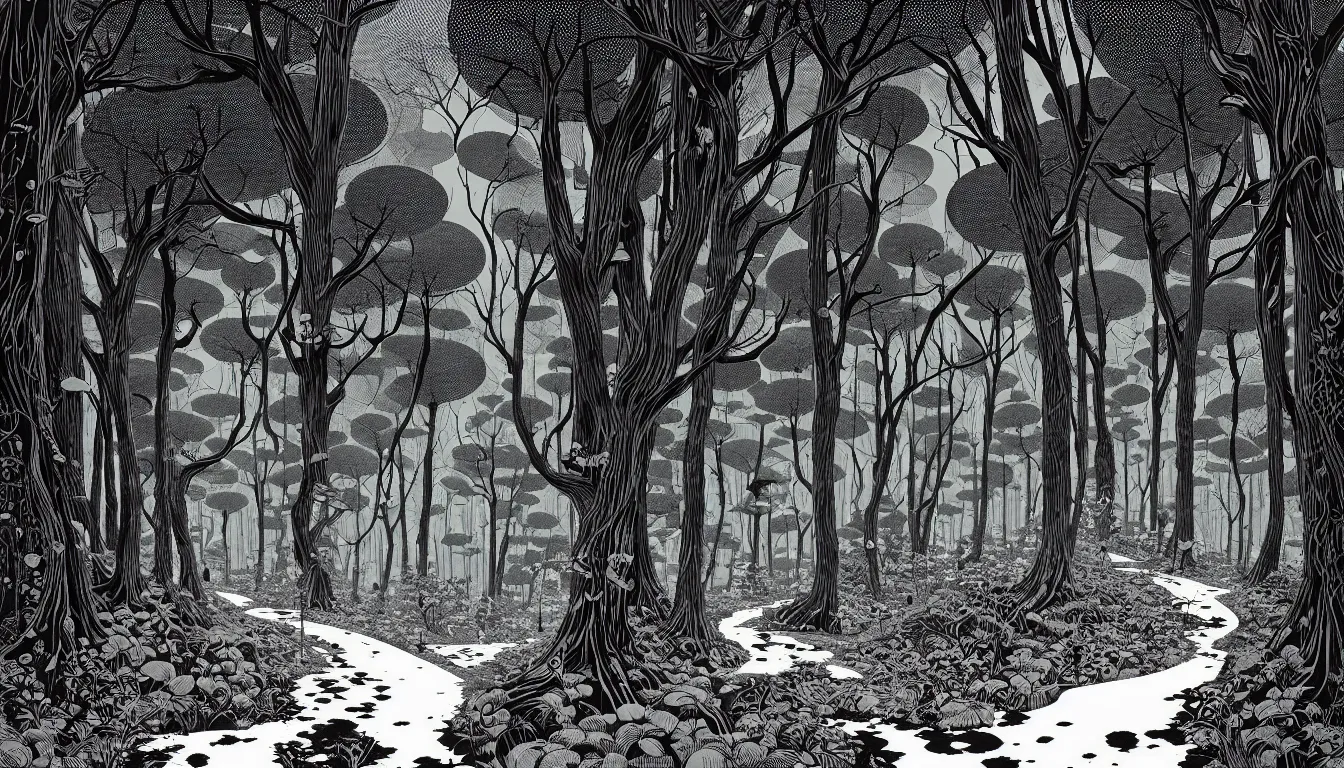 Image similar to forest path by balmy enso, jamie hewlett, nicolas delort, moebius, victo ngai, josan gonzalez, kilian eng