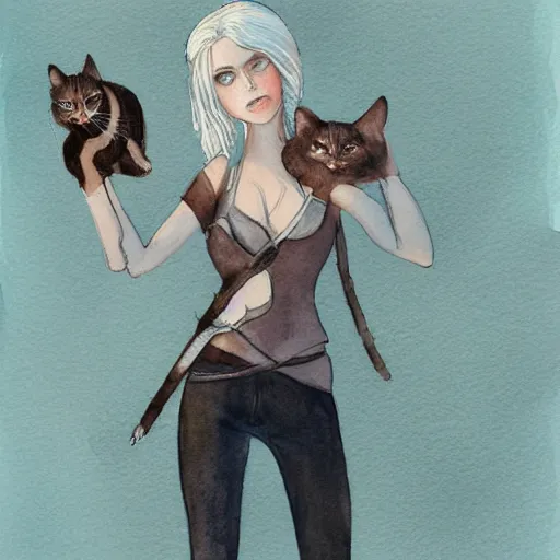 Prompt: Ciri holding a cat, art, minimalistic painting, watercolor on paper, high quality