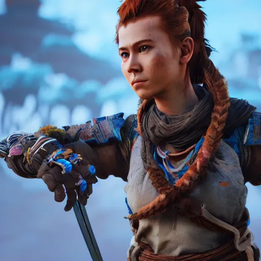 Prompt: aloy from horizon zero dawn, full body, 3 d cgi render, blender, 4 k