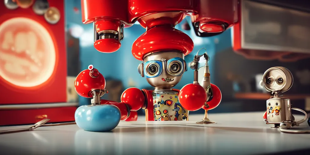 Prompt: closeup portrait of tin toy retro robot chef mixing colourful lab vials cooking pastry in a kitchen, depth of field, zeiss lens, detailed, centered, fashion photoshoot, by nicoletta ceccoli, mark ryden, lostfish, breathtaking, 8 k resolution, extremely detailed, beautiful, establishing shot, artistic, hyperrealistic, octane render