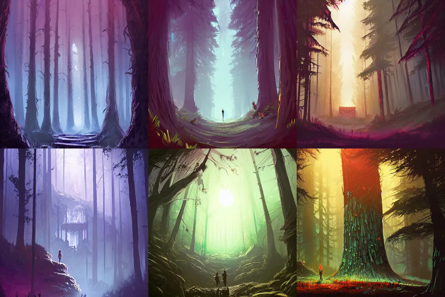 Prompt: An epic fantasy dungeon hidden in an old growth forest, digital art by Alena Aenami