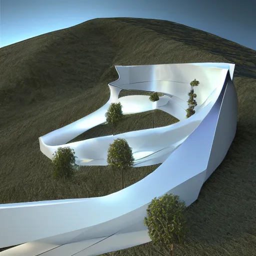 Image similar to dreamy architecture on a hill by Alexis Christodoulou. photorealism. V-Ray, blue color scheme