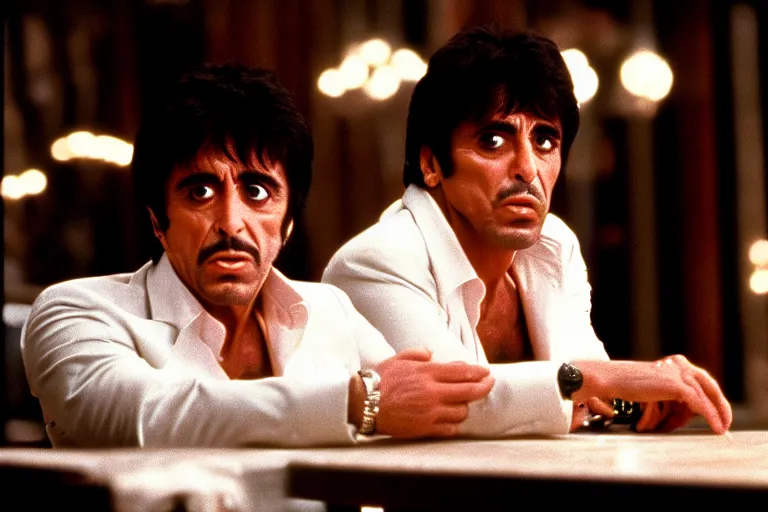 Image similar to face portrait of tony montana from movie scarface 1 9 8 3 sitting behind a big black oak table with big large packages of flour. al pacino. perfect symmetric face, coherent eyes, ron cobb, fine details, cinestill, 4 k. last scene from scarface movie, bokeh