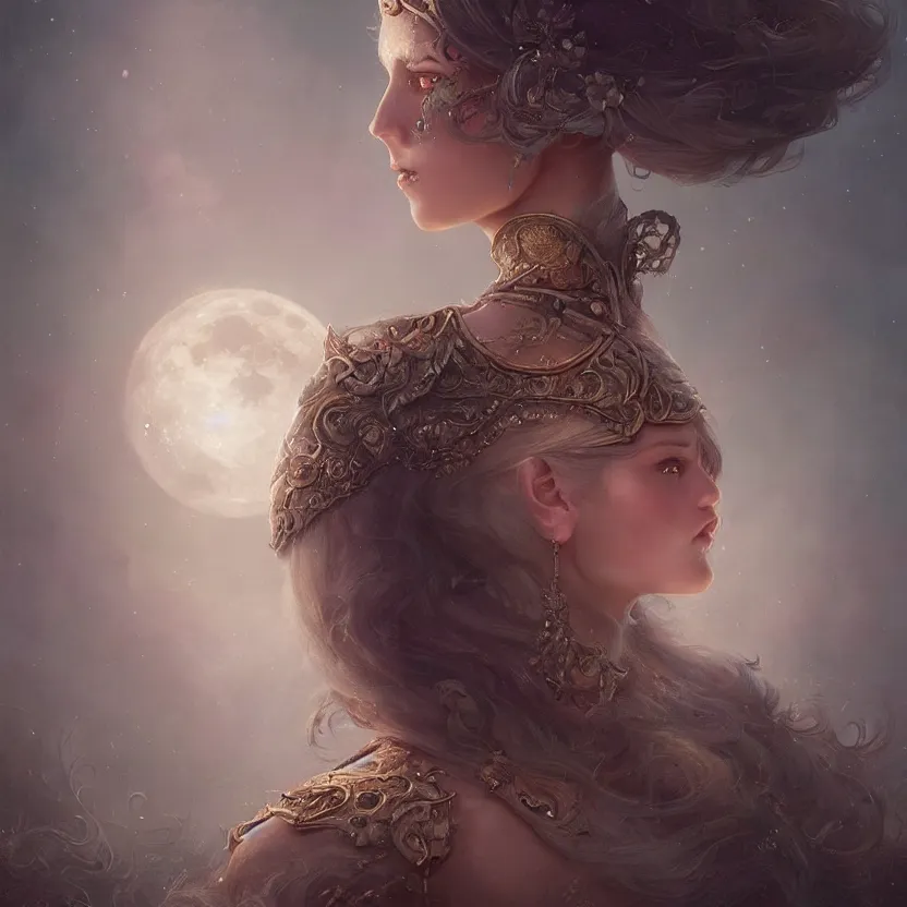 Image similar to a beautiful digital painting of a princess, princess, the moon behind her, intricate, cinematic lighting, highly detailed, digital painting, concept art, smooth, sharp focus, illustration, art by tom bagshaw, artgerm and greg rutkowski