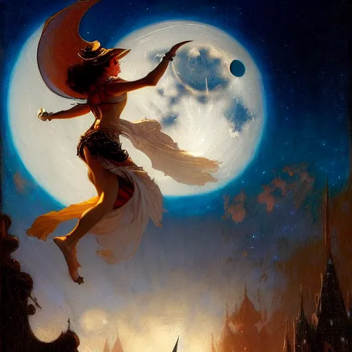 Prompt: attractive witch magically flying trough the night, fantasy, full moon in background. highly detailed painting by gaston bussiere, craig mullins, j. c. leyendecker 8 k