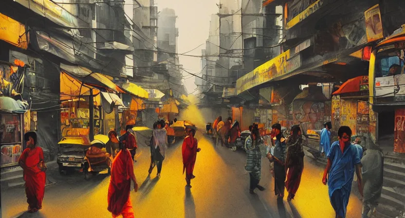 Image similar to delhi streets, artwork by salman toor, cinematic light, atmospheric effects