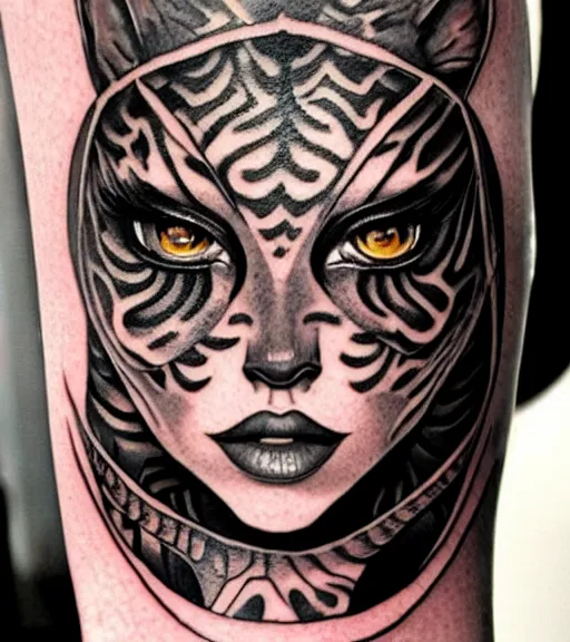 Image similar to tattoo design of a beautiful girl warrior under a tiger head, hyper realistic, realism tattoo, by eliot kohek, beautiful eyes, realistic face, black and white, white background