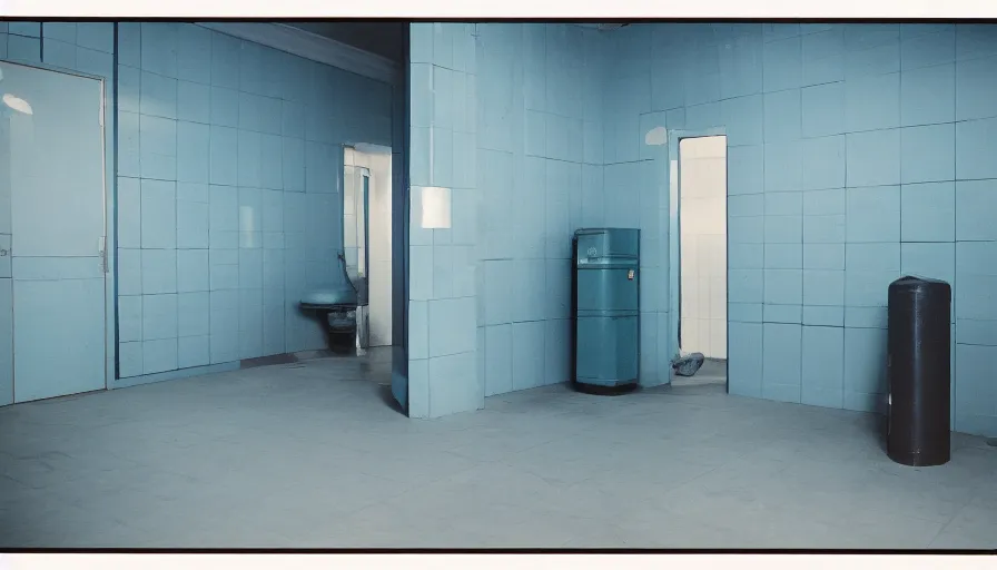 Image similar to 60s movie still of a sovietic stalinist style empty blue tiles room with visible toilets, cinestill 800t 50mm eastmancolor, liminal Space style, heavy grain-s 150