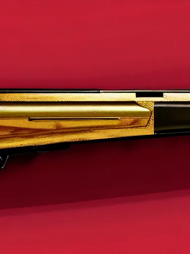 Image similar to a shotgun made from glossy red - painted wood and elements of gold metalwork