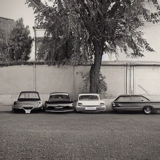 Prompt: beautiful minimalistic realistic photograph, abandoned cars park in a quiet alley by langdon clay, Peter Lippmann, VSCO film grain