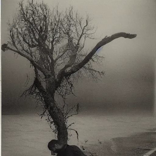 Prompt: The photograph shows a man caught in a storm, buffeted by wind and rain. He clings to a tree for support, but the tree is bent nearly double by the force of the storm. The man's clothing is soaked through and his hair is plastered to his head. His face is contorted with fear and effort. by John Hejduk desaturated, dynamic