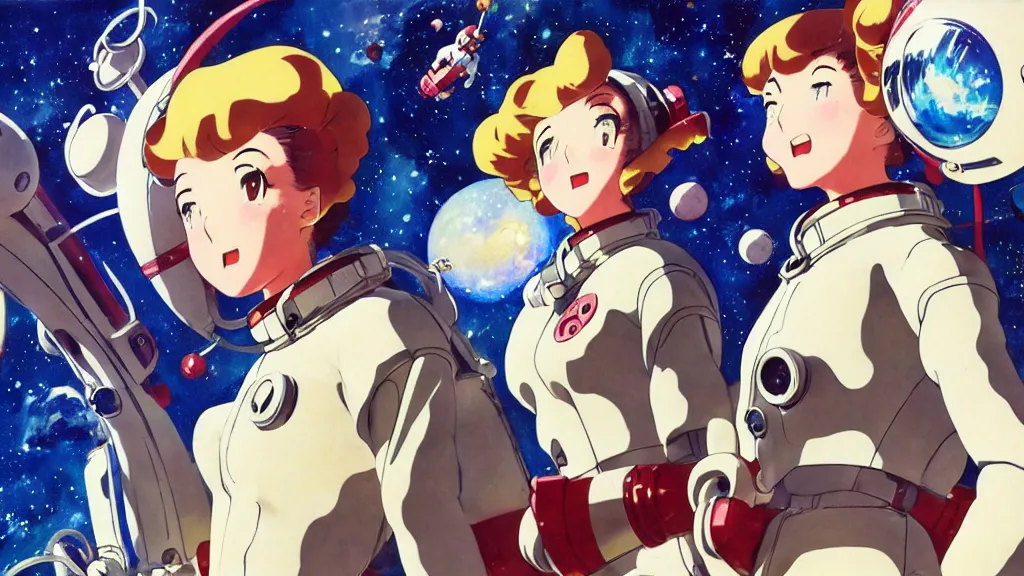 Prompt: a film still of a 1 9 5 0's anime girls in space suits, full body mid shot, perfect art, trending on pixiv fanbox, painted by gaston bussiere, makoto shinkai, akihiko yoshida, craig mullins, studio ghibli