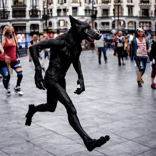 Prompt: a werewolf running in the Callao Square in Madrid.