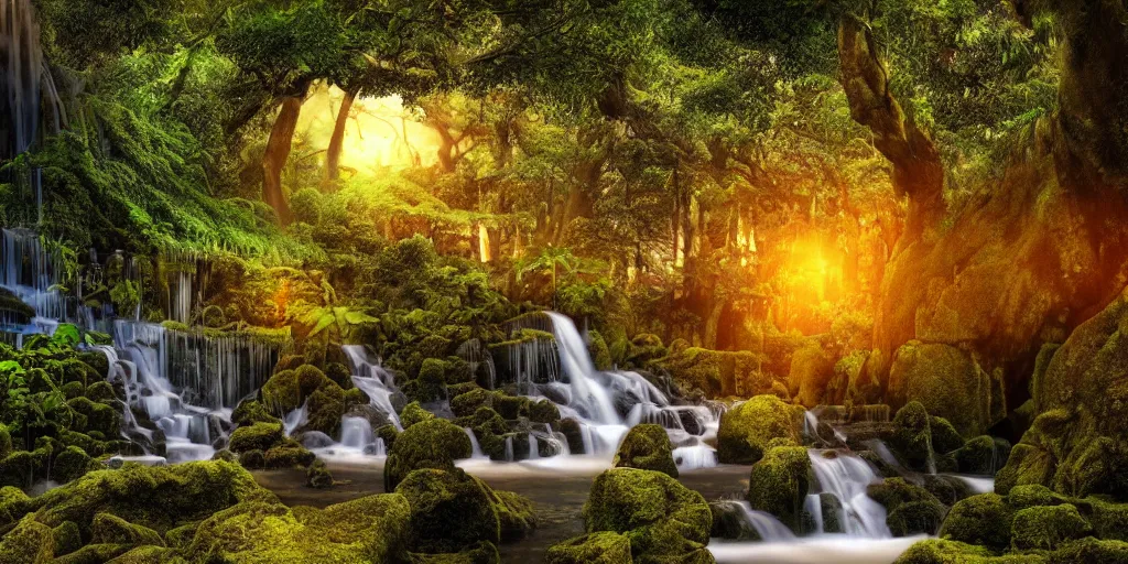 Prompt: ancient forest temple with a waterfall and tropic fruit trees, sunset, high definition, high detail, photorealisitc, 8k,