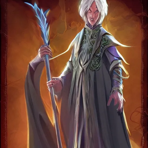 Image similar to Eladrin wizard in robes with wand, D&D character art, high quality