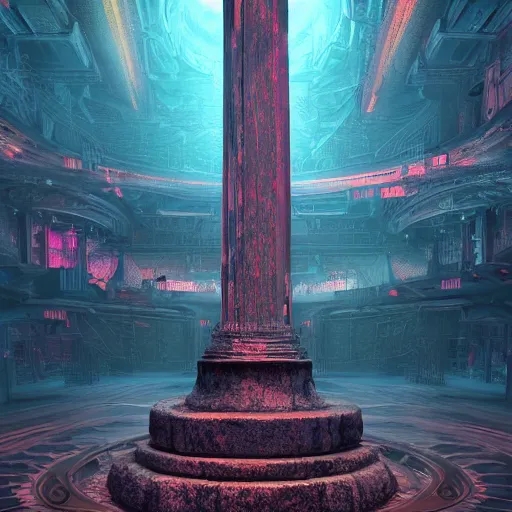 Image similar to photorealistic movie poster of insustrialpunk monument. hyperdetailed photorealism, 1 0 8 megapixels, amazing depth, high resolution, 3 d shading, 3 d finalrender, 3 d cinematic lighting, glowing rich colors, psychedelic overtones, artstation concept art.