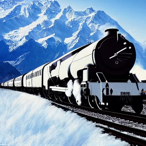 Prompt: Stunning image of The Orient Express navigating The Alps by various artists