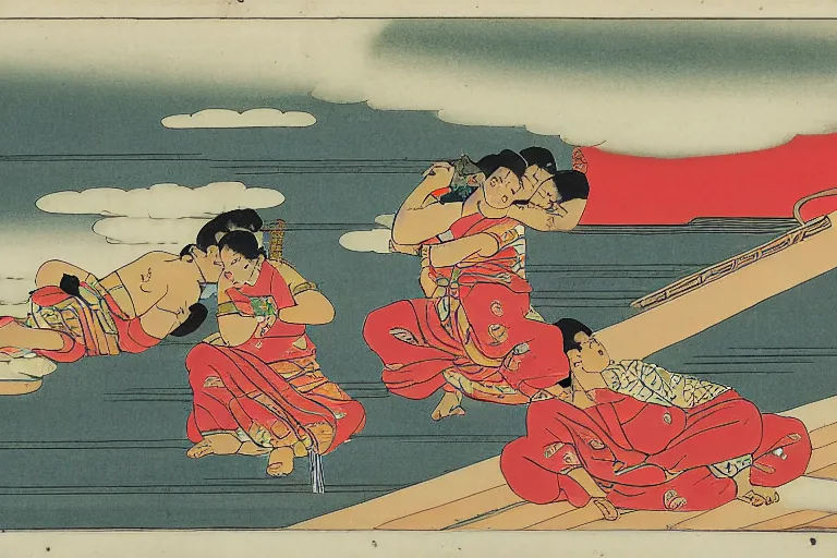 Image similar to sri lankan fuel line, in the style of ukiyo-e