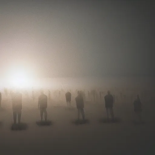 Image similar to 1 9 7 0's sci - fi movie, a giant valley filled with people who almost look human, uncanny valley, fog and mist, strange, otherwordly, light beams, unsplash contest winning photo, cinematic angles