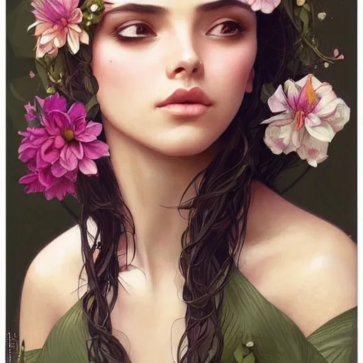 Image similar to Instagram Model with flowers in her hair, olive skin, long dark hair, beautiful bone structure, intricate, elegant, highly detailed, digital painting, artstation, concept art, smooth, sharp focus, illustration, art by artgerm and greg rutkowski and alphonse mucha