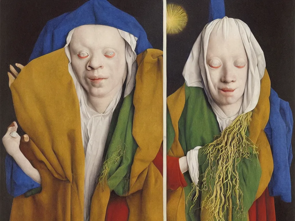 Prompt: Portrait of albino mystic with blue eyes, with tears of joy. Painting by Jan van Eyck, Audubon, Rene Magritte, Agnes Pelton, Max Ernst, Walton Ford