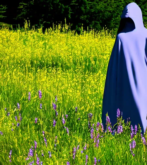 Image similar to tall hooded shadow person figure standing in beautiful meadow of flowers, disney animated, grainy, high detail, high resolution