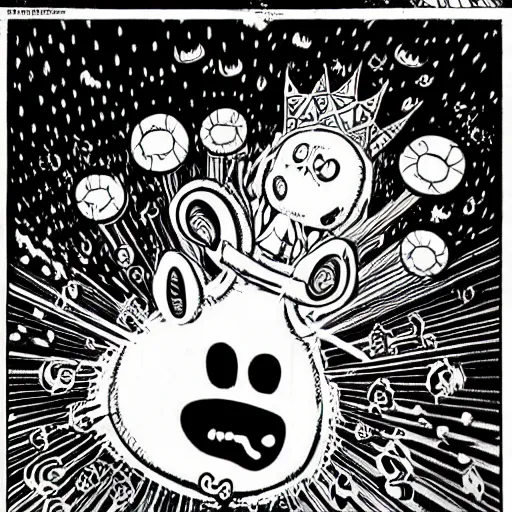 Image similar to black and white trippy comic art of a mutant pig wearing a gold crown fighting aliens, lots of particles, drawn by Martin Rowson, Tim Burton, Studio Ghibli, Alex Pardee, Nekro Petros Afshar, James McDermott, cgsociety 4K