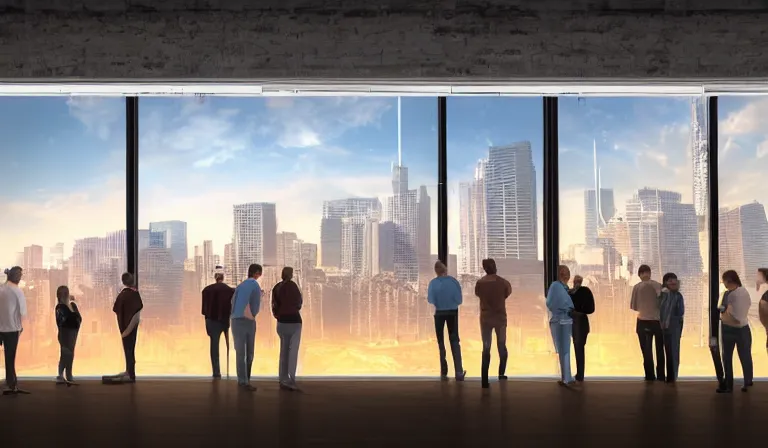 Prompt: large group people in simple warehouse, looking at hologram of futuristic downtown on a table, cinematic concept art, godrays, golden hour, natural sunlight, 4 k, clear details, tabletop model buildings, center model tall buildings, hologram center, crane shot, crane shot, crane shot, clear details, windows