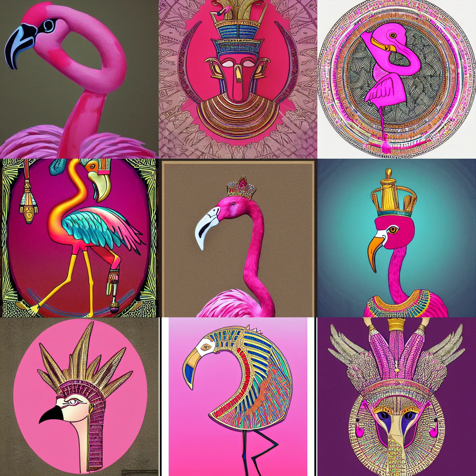 Prompt: a pink flamingo, wearing an egyptian crown, atef, highly intricate, egyptian clothing, award winning art, trending on artstation
