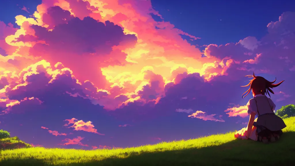 Anime scenery, sunset, anime school girl, clouds, artwork, Anime, HD  wallpaper