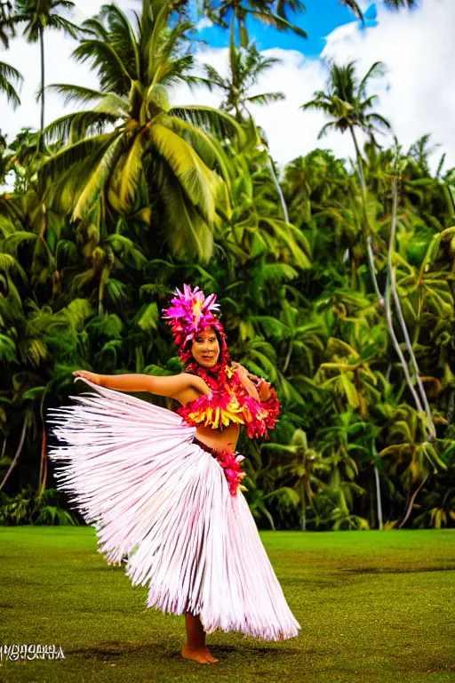 Prompt: photography of hawaiian hula dancer, beautiful background