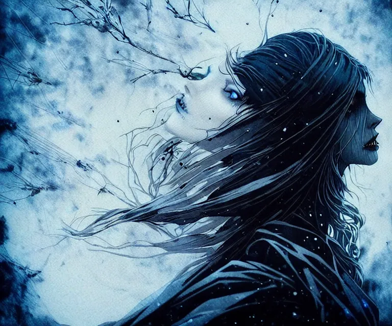 Image similar to stunning otherworldly gothic goddess of ice, dark and mysterious, atmospheric, ominous, eerie, cinematic, epic, 8 k, 4 k, ultra detail, ultra realistic, rendered by awesomeness. nights falling wind is blowwing snow is pilling concept art in style of carne griffiths artwork by xsullo