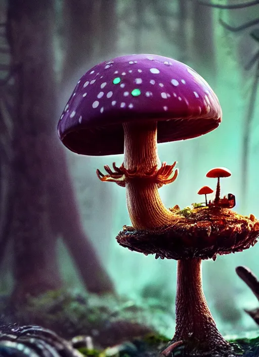 Image similar to intricate mechanical caterpillar sitting on top of a mushroom in a magical forest. Very detailed 8k. Fantasy cyberpunk horror. Sharp. Cinematic post-processing