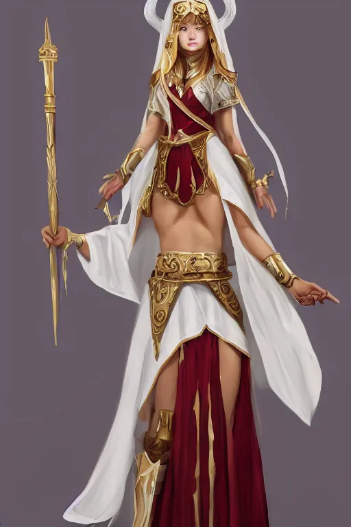 Image similar to Full-body picture of beautiful young priestess, White and gold robes, red waist-long hair, mace and shield, dungeon and dragons, high fantasy, alluring, artstationhd, artstationhq, trending in artstation, safebooru