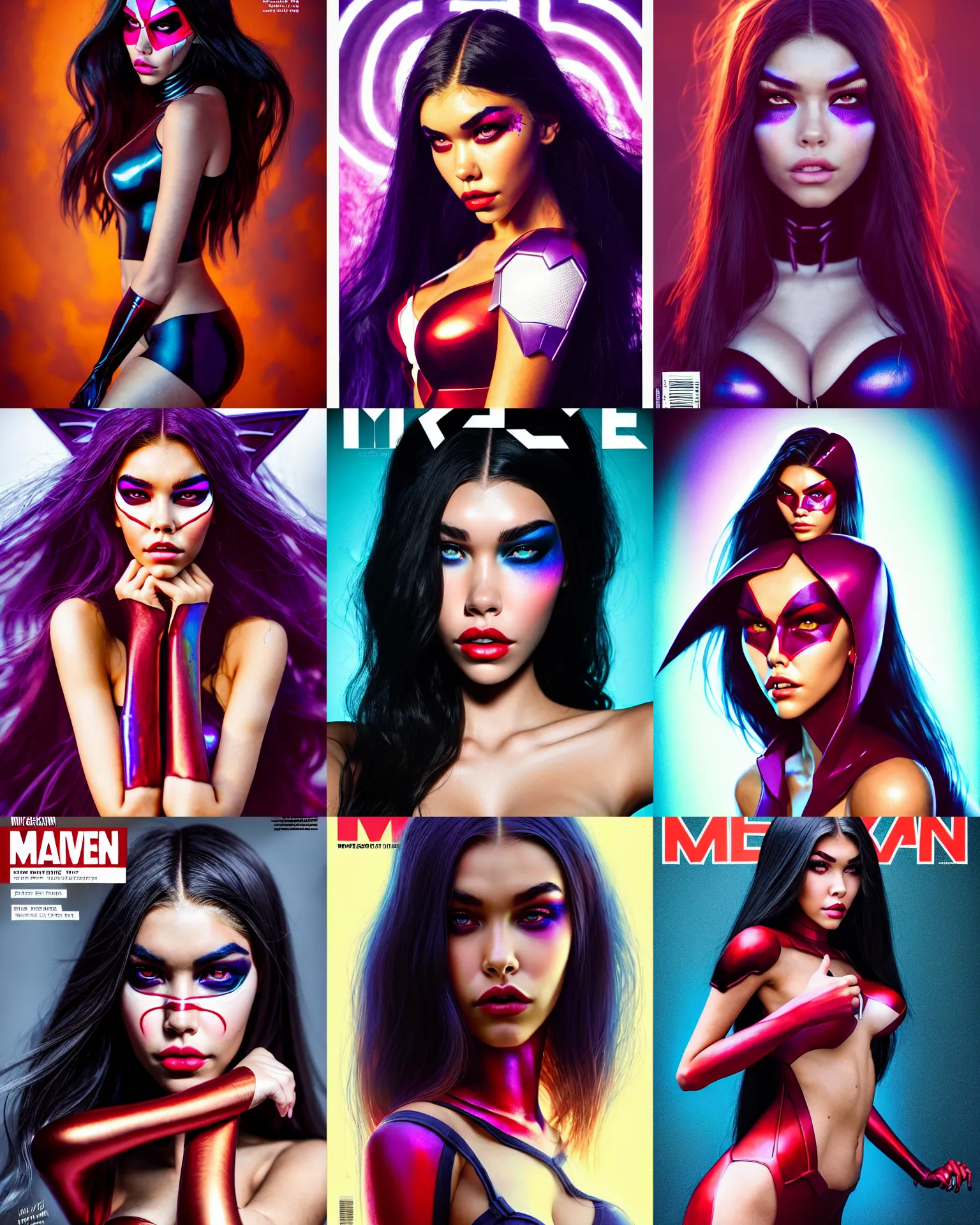 Prompt: magazine cover portrait photo of madison beer : : college woman : : as marvel hero devil woman by weta : : by greg rutkowski, wlop, rossdraws, artgerm, pixar, marvel, colorful rave makeup, leeloo, unreal engine, glossy skin, victoria secret angel, pearlescent, shiny, 4 k, hdr, bright morning, : :