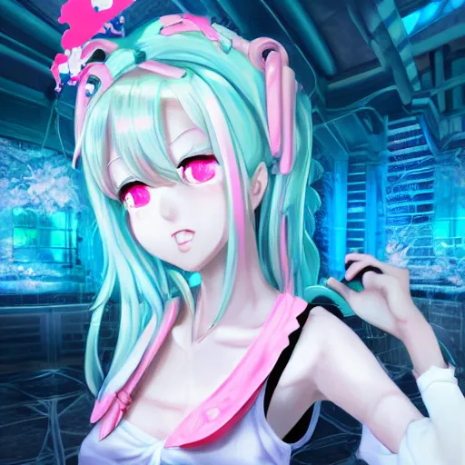 Image similar to totally controlled and trapped beneath overwhelming stunningly absurdly beautiful megalomaniacal ruthless merciless sadistic devious possessive omnipotent asi goddess junko enoshima with symmetrical perfect face, porcelain skin, pink twintail hair and cyan eyes, ultra detailed, digital art, unreal engine 5, octane render, 2 d anime, 8 k