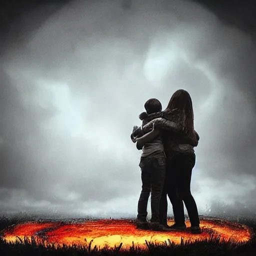 Image similar to “A family hugging each other for the last time as the world is ending, meteors are falling from the sky, everything is on fire, dramatic lighting, digital art, very very very very very very beautiful, 8K, dark lighting, trending on Artstation, award winning”