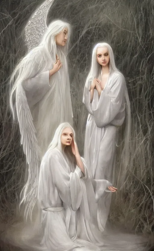 Image similar to angelic beauty with silver hair so pale and wan! and thin!?, flowing robes, covered in robes, lone pale wan fair angel, wearing robes of silver, flowing, pale skin, young cute face, covered!!, clothed!! style of lucien levy - dhurmer and jean deville, oil on canvas, 4 k resolution, aesthetic!, mystery